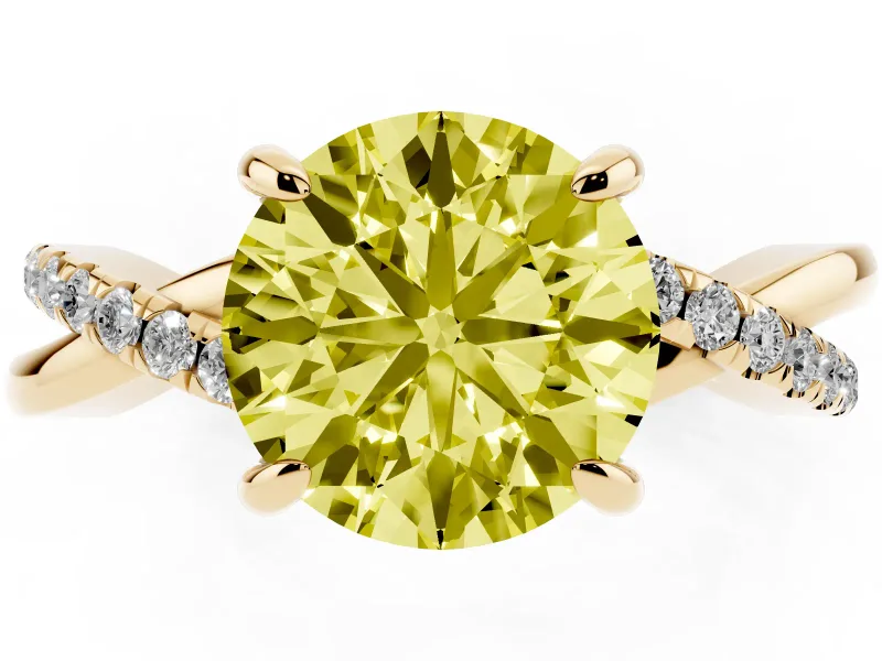 Fancy Yellow Round Cut Diamond Twist Band Solitaire Set in Yellow gold with Pavé Accents and Prong Setting