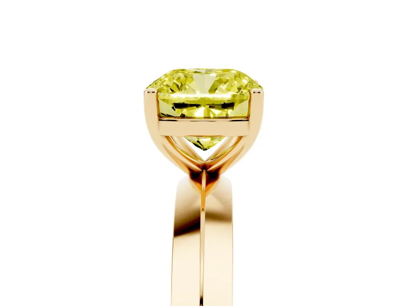 Fancy Yellow Cushion Cut Diamond Solitaire Engagement Ring Set in Yellow gold with Flat Band and Prong Setting