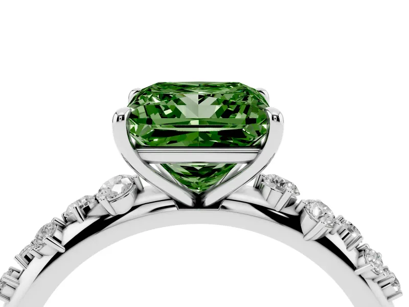 Fancy Green Princess Cut Diamond Cluster Solitaire Ring Set in White gold with Prong Setting