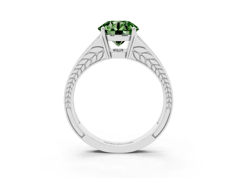 Fancy Green Round Cut Diamond Split Shank Ring Set in Silver with Pavé Band and Prong Setting