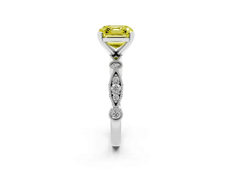 Fancy Yellow Asscher Cut Diamond Solitaire Engagement Ring Set in Silver with Milgrain Bezel Accent Band