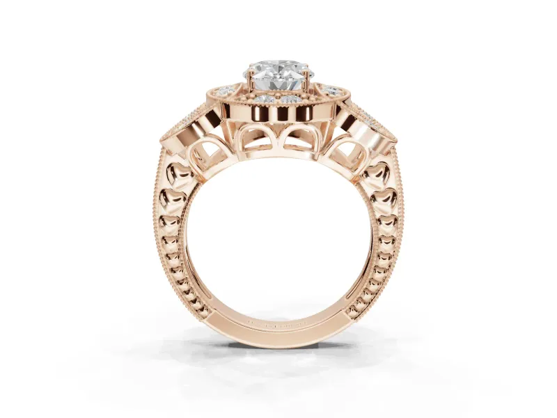 Heart-Shaped Vintage Floral Halo Engagement Ring Setting | Engraved Milgrain Band | Rose Gold