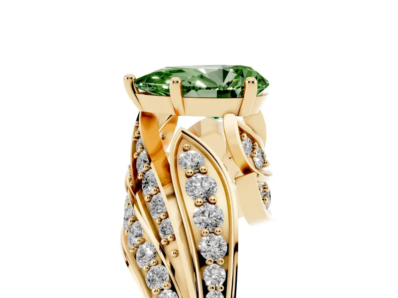 Fancy Green Pear Cut Diamond Solitaire Ring Set in Yellow gold with Layered Twist Pavé Band