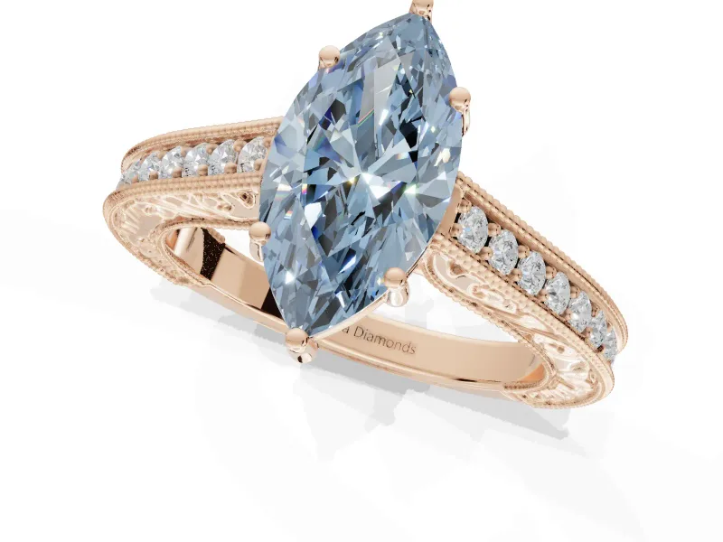 Marquise Vintage Engraved Pavé Engagement Ring Setting for a Fancy Blue Lab-Grown Diamond | Milgrain Edges | Rose Gold