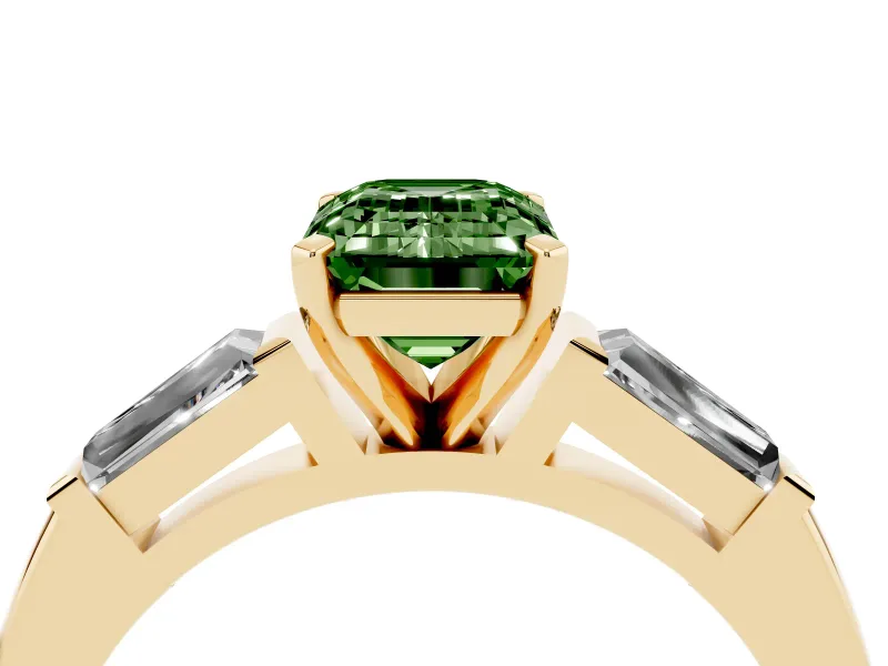 Emerald Cut Three Stone Engagement Ring Setting for a Fancy Green Lab-Grown Diamond | Tapered Baguettes | Yellow Gold