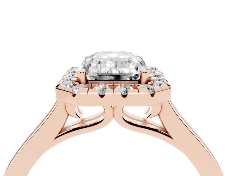 Emerald Cut Halo Round Diamond Solitaire Ring Set in Rose gold with Pavé Band and Prong Setting