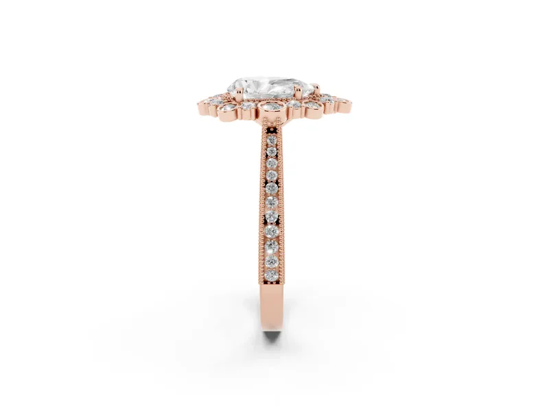 Pear Cut Diamond Halo Milgrain Pavé Ring Set in Rose gold with Prong Setting