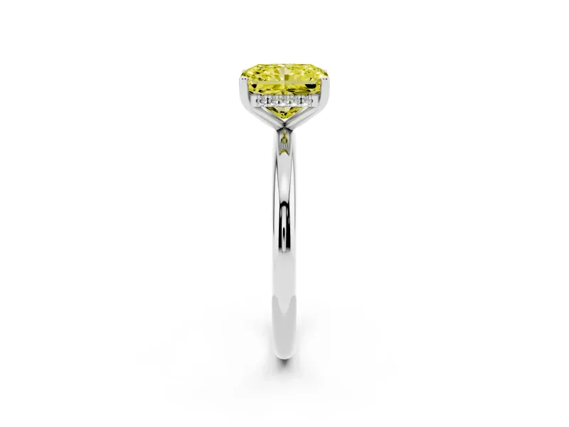 Fancy Yellow Radiant Cut Diamond Solitaire Engagement Ring Set in White gold with Prong Setting and Polished Band