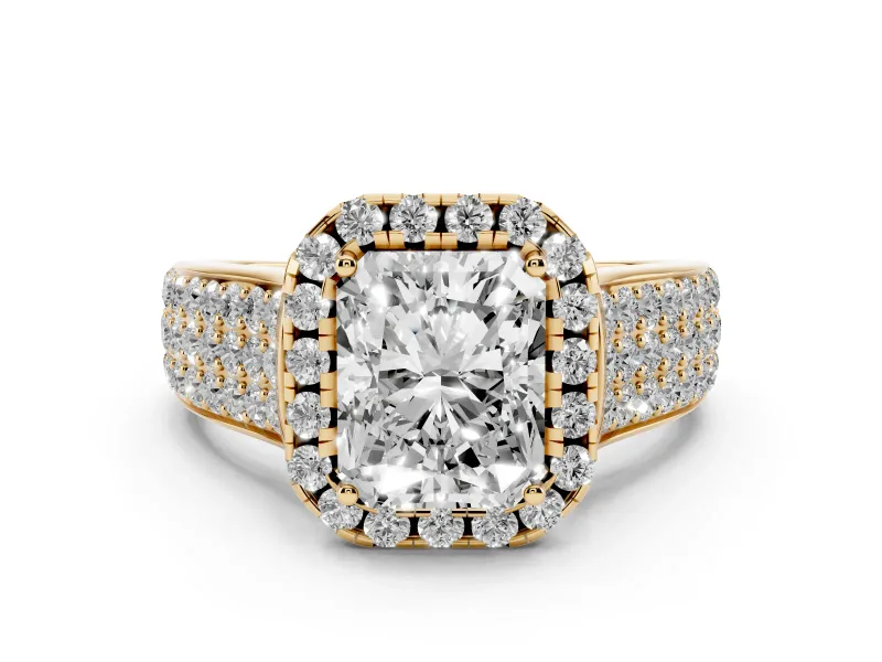 Radiant Cut Diamond Halo Ring Set in Yellow gold with Pavé Band and Raised Center Setting