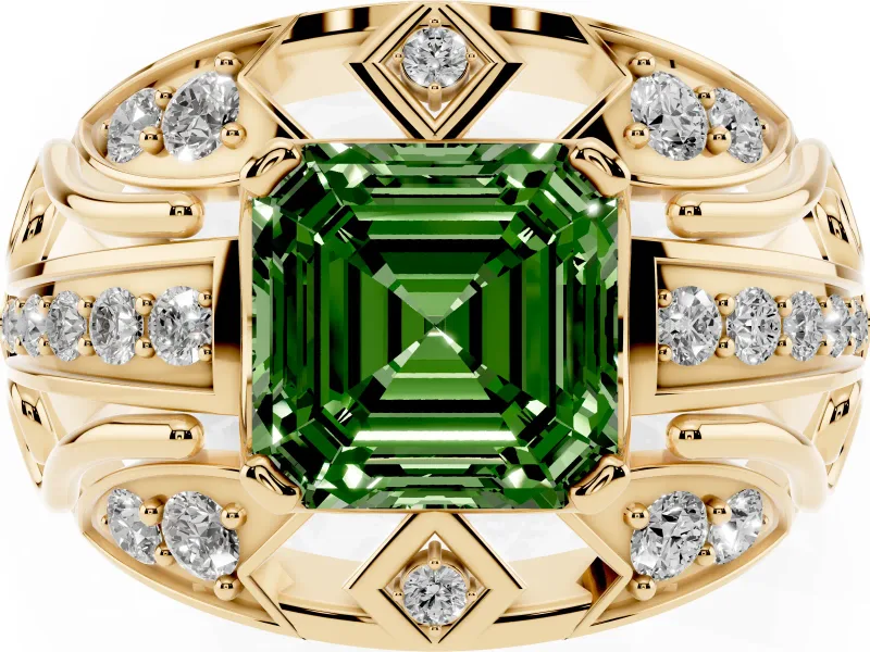 Asscher Cut Art Deco Engagement Ring Setting for a Fancy Green Lab-Grown Diamond | Yellow Gold