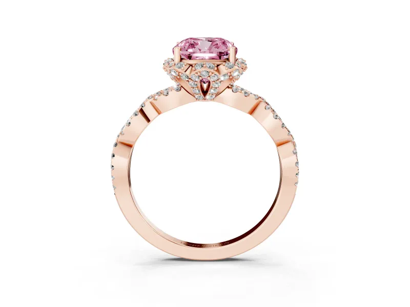 Fancy Pink Cushion Cut Diamond Halo Twist Band Solitaire Ring Set in Rose gold with Prong-Set Center Stone