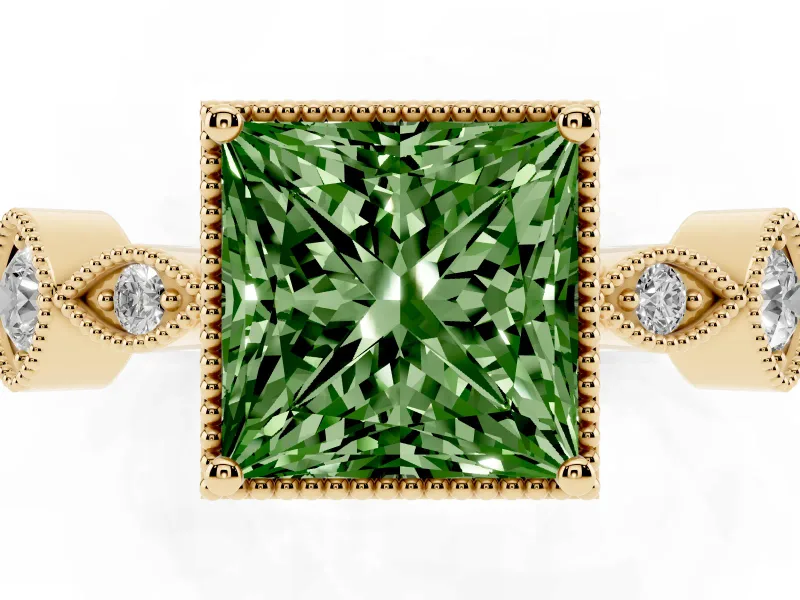 Princess Cut Vintage Milgrain Engagement Ring Setting for a Fancy Green Lab-Grown Diamond | Yellow Gold