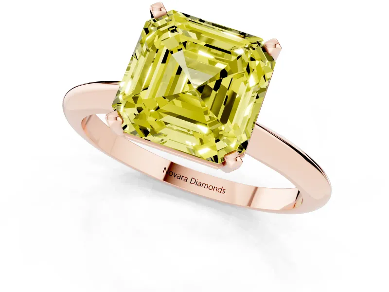 Fancy Yellow Asscher Cut Diamond Solitaire Ring Set in Rose gold with Prong Setting on a Plain Round Band