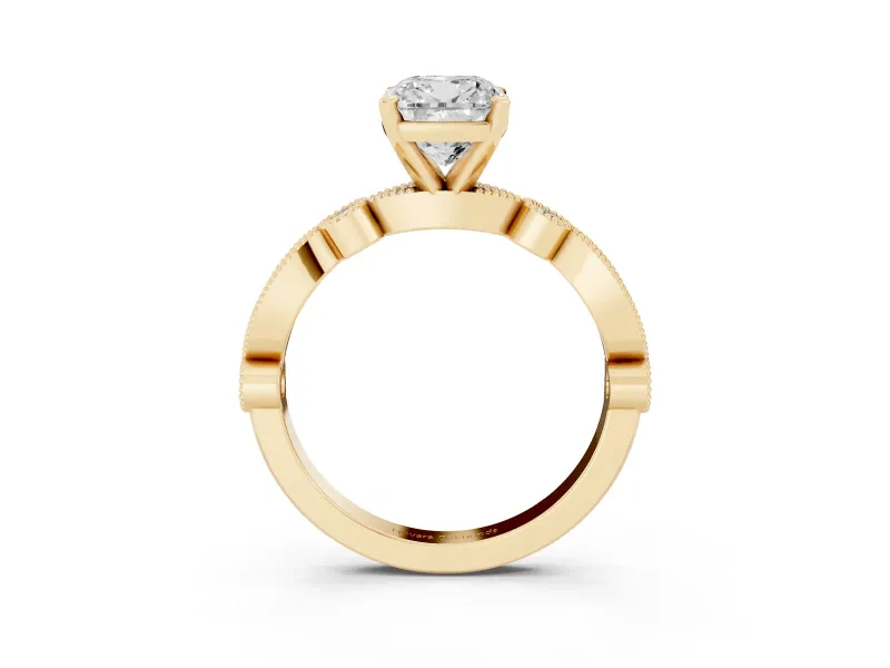 Cushion Cut Vintage Milgrain Solitaire Engagement Ring Setting | Bezel Accents | Yellow Gold