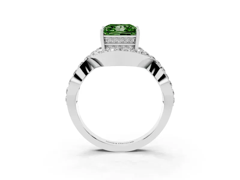Fancy Green Princess Cut Diamond Solitaire Twist Band Pavé Engagement Ring Set in White gold