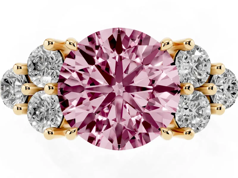 Round Cluster Side Stone Engagement Ring Setting for a Fancy Pink Lab-Grown Diamond | Yellow Gold