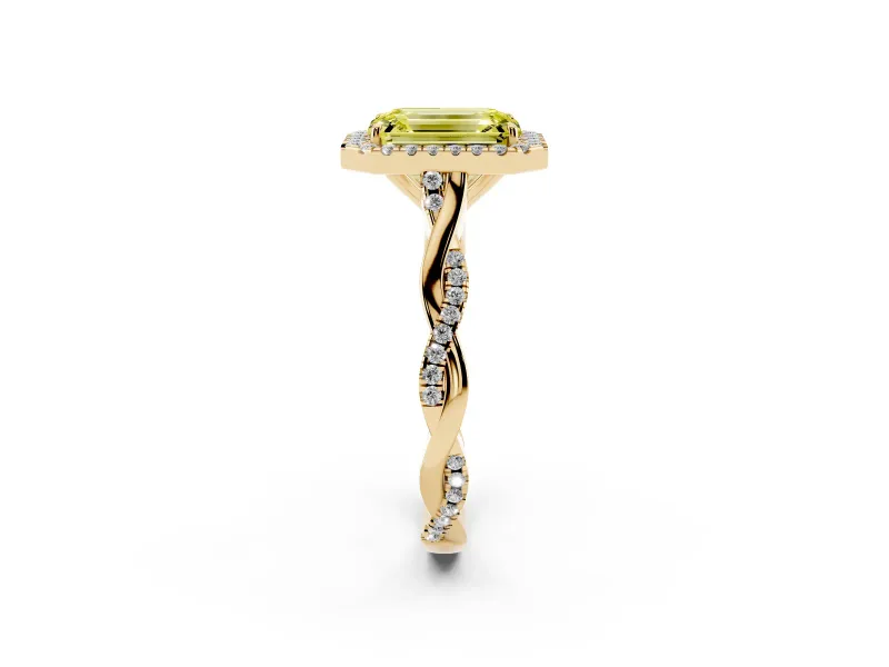 Emerald Cut Twist Halo Engagement Ring Setting for a Fancy Yellow Lab-Grown Diamond | Yellow Gold