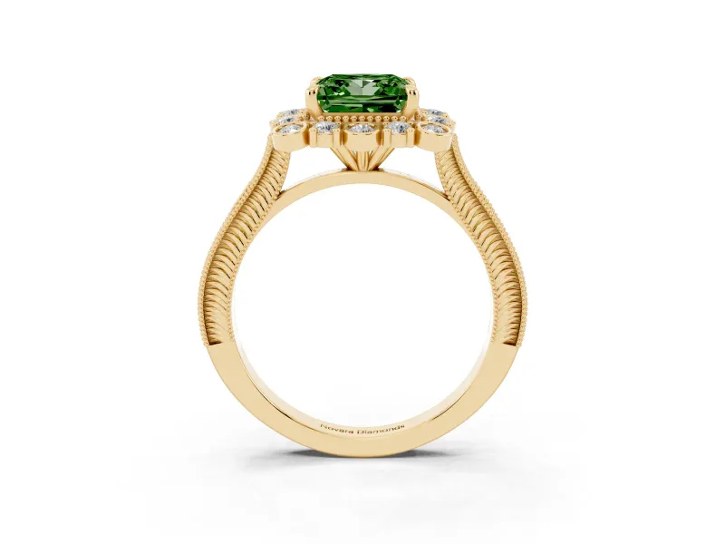 Fancy Green Princess Cut Diamond Halo Milgrain Pavé Ring Set in Yellow gold with Prong Setting