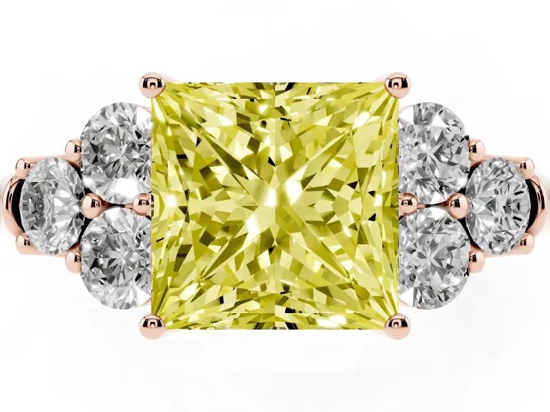 Fancy Yellow Princess Cut Diamond Cluster Ring Set in Rose gold with Round Accent Stones and Prong Setting on a Plain Band