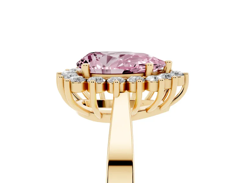 Fancy Pink Pear Cut Diamond Halo Ring Set in Yellow gold with Round Halo and Smooth Solitaire Band