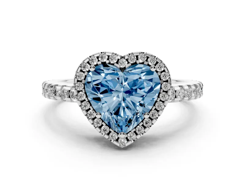 Fancy Blue Heart Cut Diamond Halo Ring Set in White gold with Pavé Shoulders and Halo-Framed Center