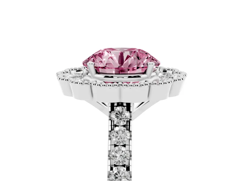 Fancy Pink Round Cut Diamond Milgrain Floral Halo Engagement Ring Set in Platinum with Pavé Band
