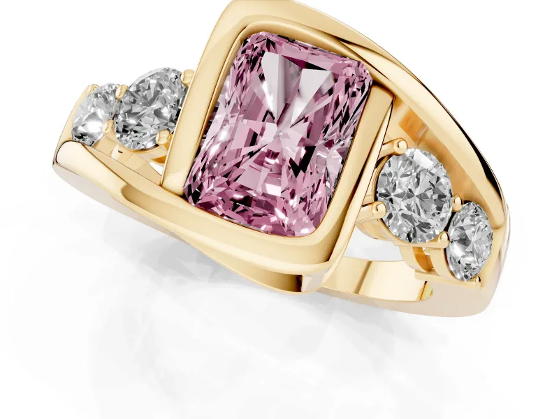 Fancy Pink Radiant Cut Diamond Bezel Bypass Ring Set in Yellow gold with Round Accents