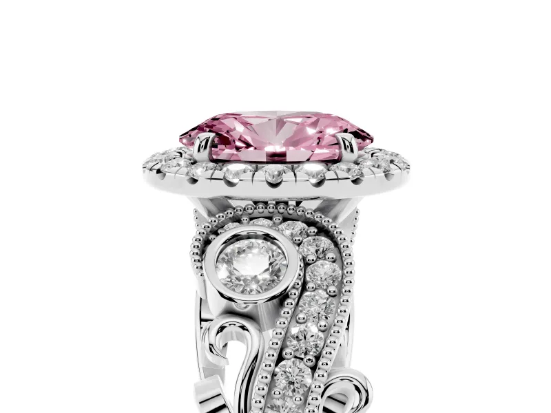 Fancy Pink Oval Cut Diamond Halo Ring Set in Platinum with Milgrain Pavé Band and Prong Setting