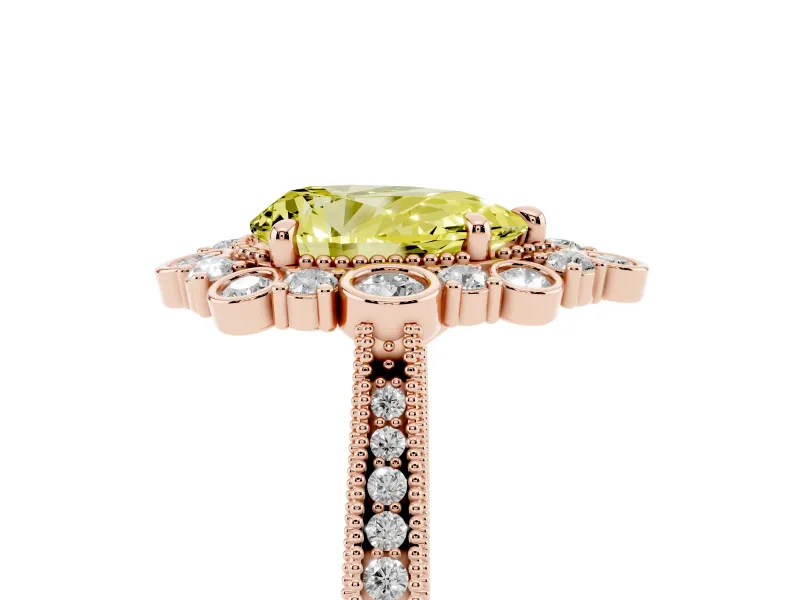Fancy Yellow Pear Cut Diamond Halo Milgrain Pavé Ring Set in Rose gold with Prong Setting
