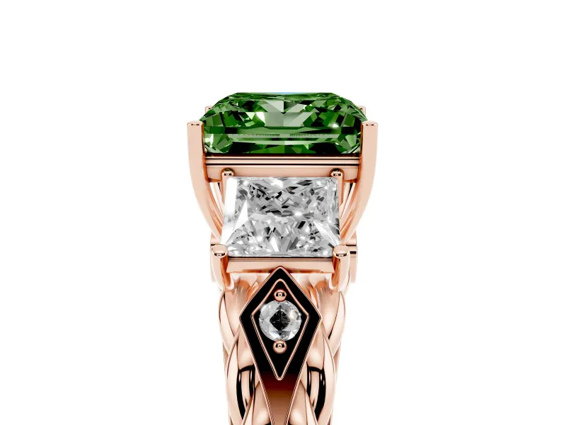 Fancy Green Princess Cut Diamond Three-Stone Ring Set in Rose gold with Braided Band