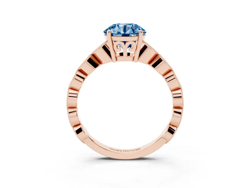 Round Milgrain Solitaire Engagement Ring Setting for a Fancy Blue Lab-Grown Diamond | Rose Gold