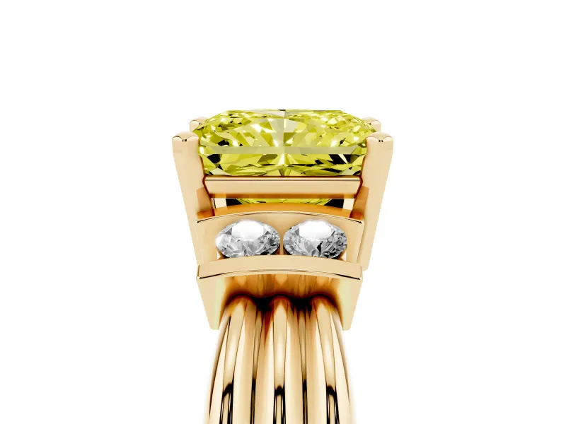 Fancy Yellow Three-Stone Radiant Cut Diamond Channel Set Ring Set in Yellow gold with Bar Prongs