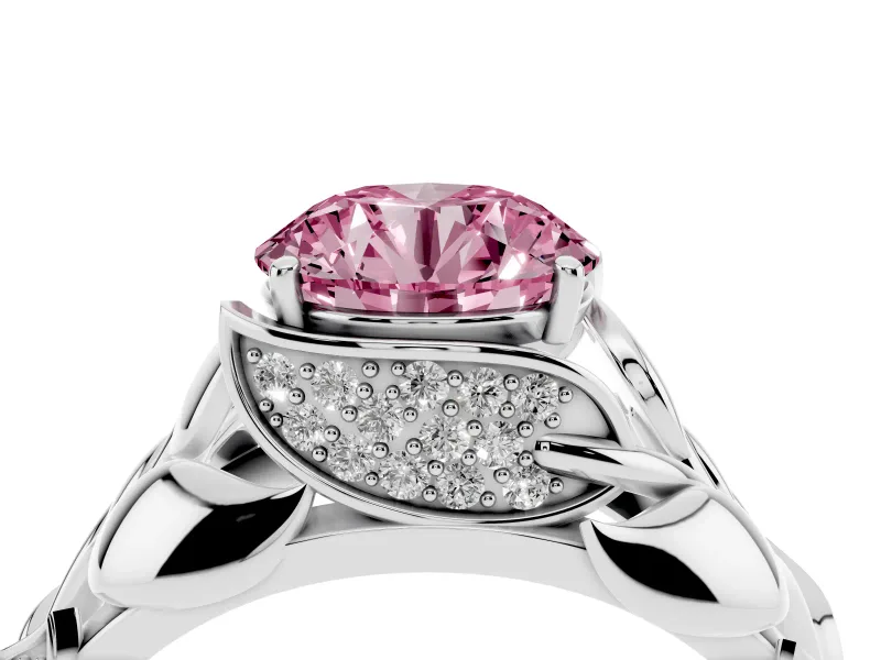 Fancy Pink Round Cut Diamond Leaf-Inspired Engagement Ring Set in Silver with Round Accents