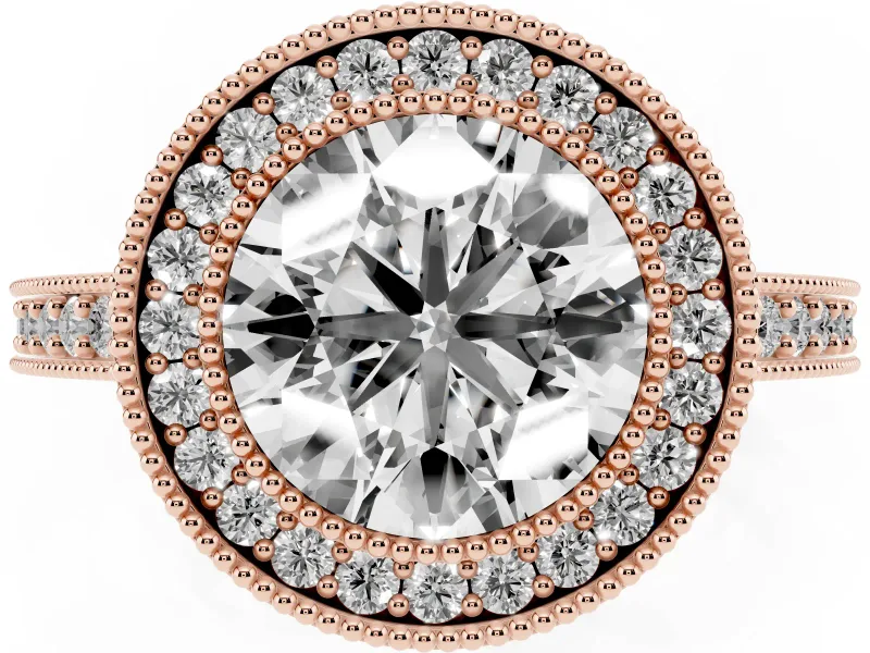 Round Cut Diamond Halo Engagement Ring Set in Rose gold with Pavé Band and Round Halo Stones