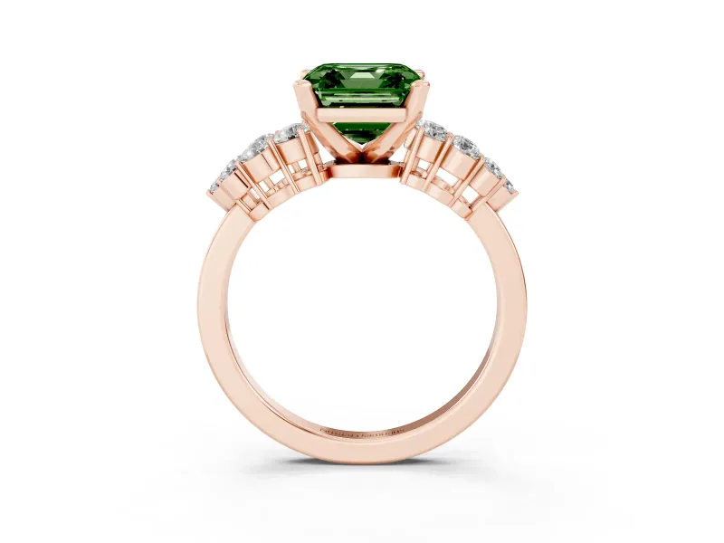 Asscher Cut Side Stone Engagement Ring Setting for a Fancy Green Lab-Grown Diamond | Shoulder Clusters | Rose Gold