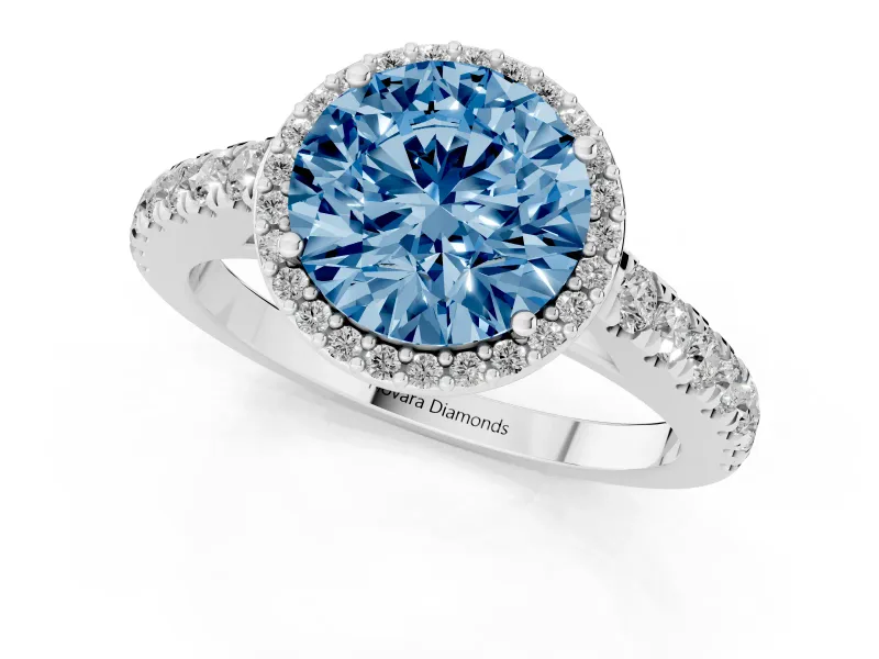 Fancy Blue Round Cut Diamond Halo Engagement Ring Set in Silver with Pavé Band and Prong Setting