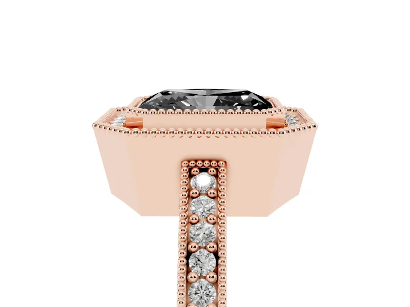 Radiant Cut Vintage Milgrain Halo Engagement Ring Setting for a Black Center | Pavé Band | Rose Gold