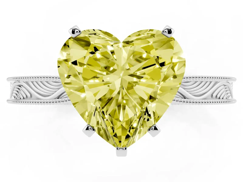 Fancy Yellow Heart Cut Diamond Solitaire Milgrain Engraved Band Set in White gold with Prong Setting
