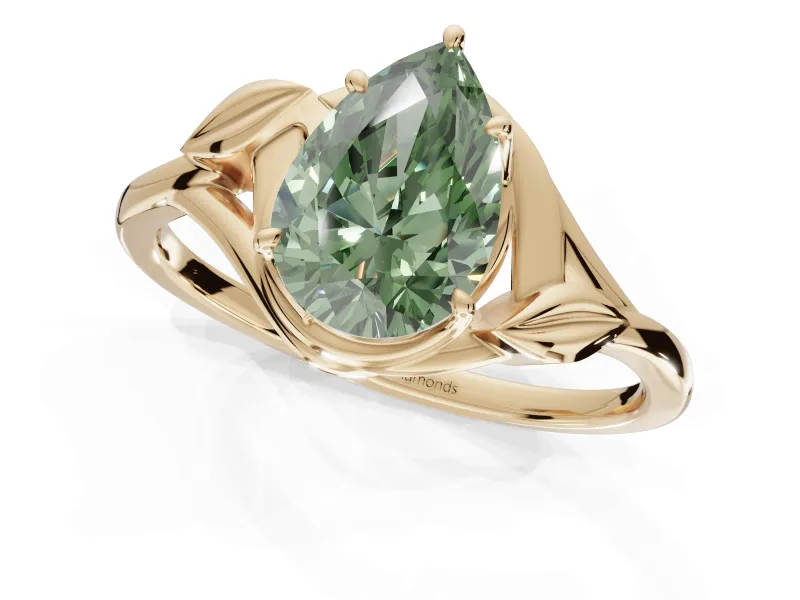 Pear-Shaped Leaf Bypass Solitaire Engagement Ring Setting for a Fancy Green Lab-Grown Diamond | Yellow Gold