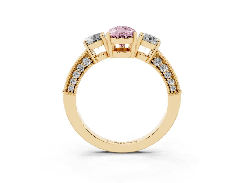 Pear-Shaped Three Stone Engagement Ring Setting for a Fancy Pink Lab-Grown Diamond | Graduated Pave Band | Yellow Gold