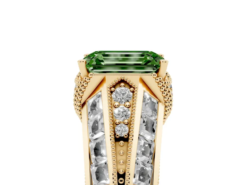 Fancy Green Emerald Cut Diamond Vintage-Inspired Milgrain Ring Set in Yellow gold with Accent Split Shank