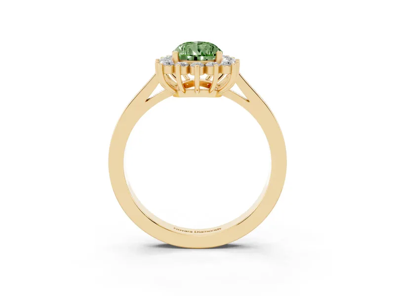 Fancy Green Pear Cut Diamond Halo Ring Set in Yellow gold with Round Halo and Smooth Solitaire Band
