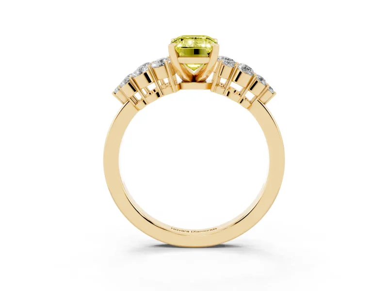 Fancy Yellow Emerald Cut Diamond Cluster Engagement Ring Set in Yellow gold with Pavé Band and Prong Setting