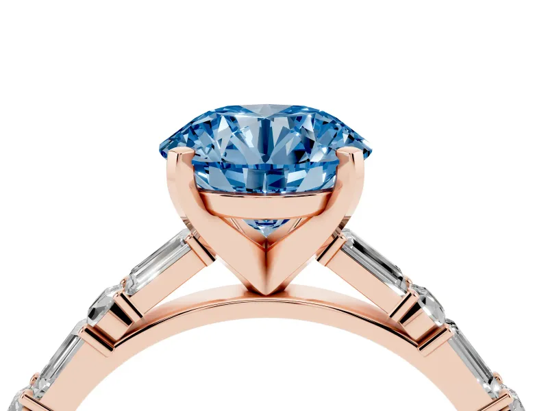 Fancy Blue Round Cut Diamond Solitaire Set in Rose gold with Side Baguettes and Channel Set Band
