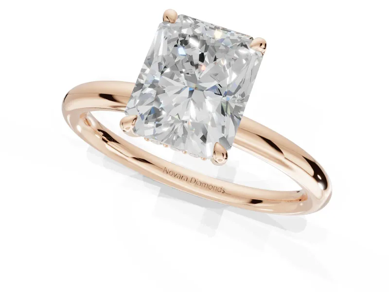 Radiant Cut Hidden Halo Engagement Ring Setting | Thin Plain Band | Rose Gold