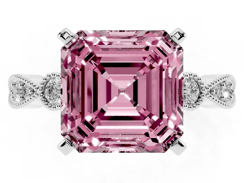 Fancy Pink Asscher Cut Diamond Solitaire Engagement Ring Set in White gold with Milgrain Bezel Accent Band