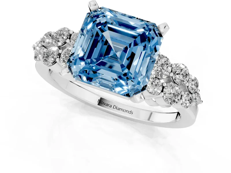Asscher Cut Side Stone Engagement Ring Setting for a Fancy Blue Lab-Grown Diamond | Shoulder Clusters | White Gold