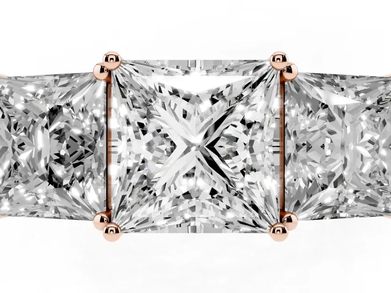 Princess Cut Three Stone Engagement Ring Setting | Beaded Shoulders | Rose Gold