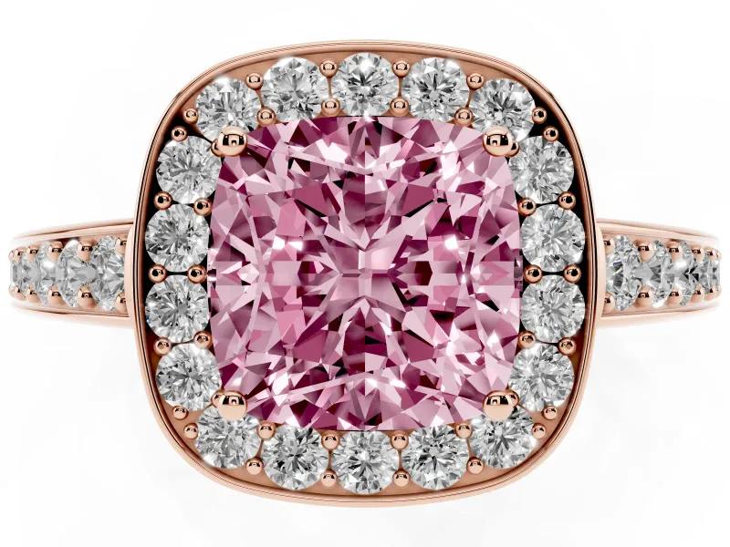 Fancy Pink Cushion Cut Diamond Halo Pavé Engagement Ring Set in Rose gold with Bezel Setting