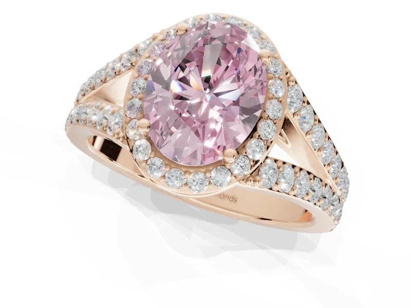 Oval Halo Pavé Engagement Ring Setting for a Fancy Pink Lab-Grown Diamond | Narrow Split Shank | Rose Gold